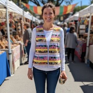 Handmade Women’s Cotton Quilted Multi-colored Printed Vest‎ W/Jute EUC